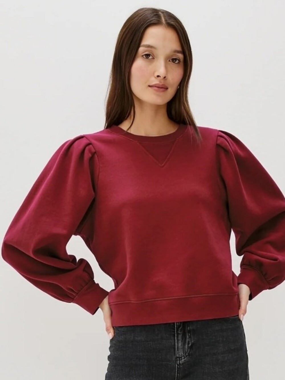 RAILS Tiffany Puff Sleeve Crewneck Sweatshirt - Wine Merlot Red NEW Sz L